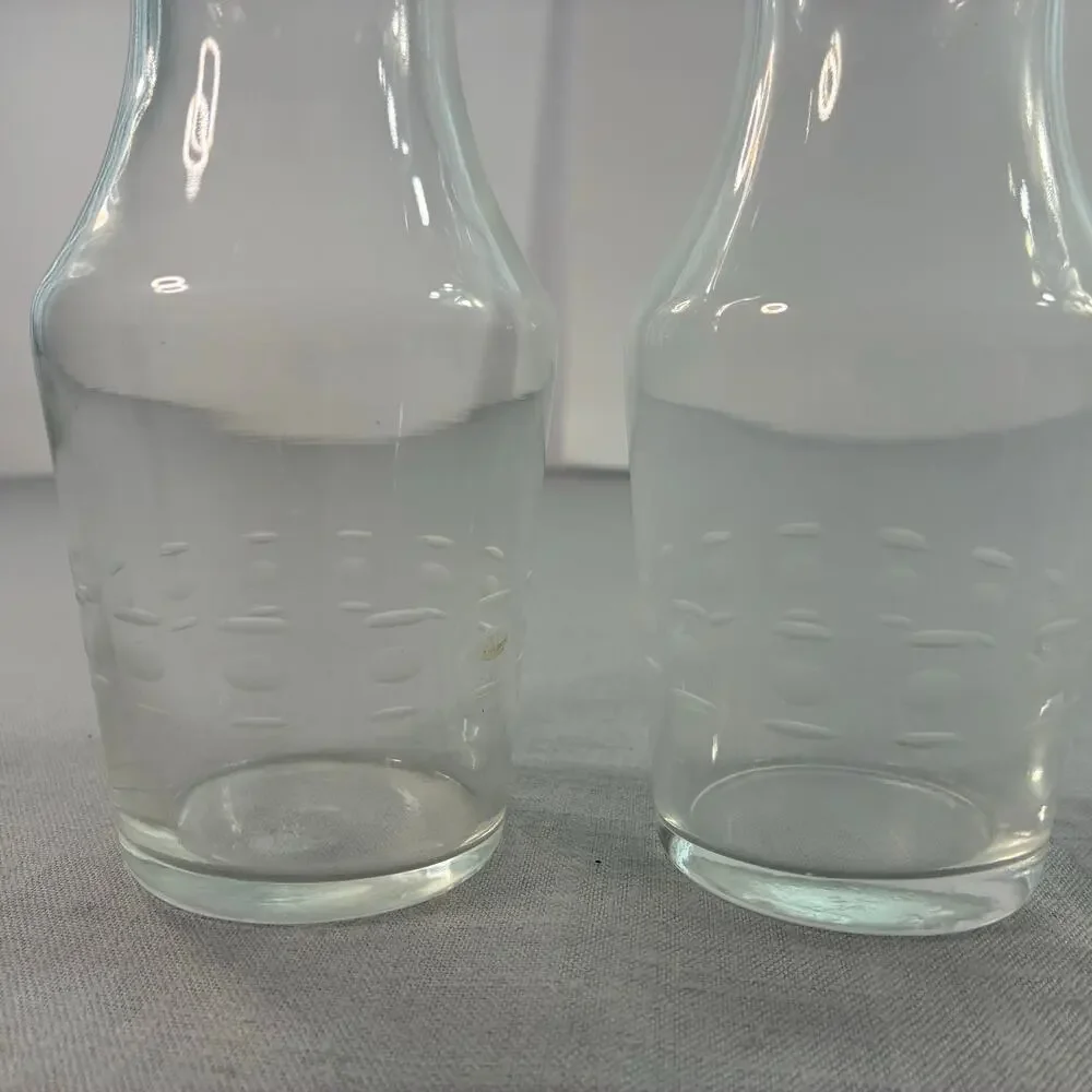 Vintage Clear Glass Juice Carafes Set of 3 Etched Dot Breakfast Bottles 7 Inch